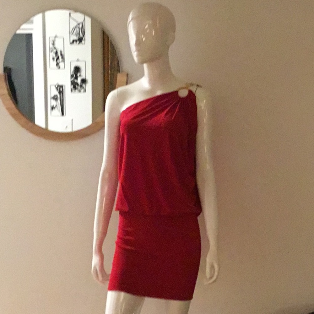 Cache Red One Shoulder Mini Cocktail Dress